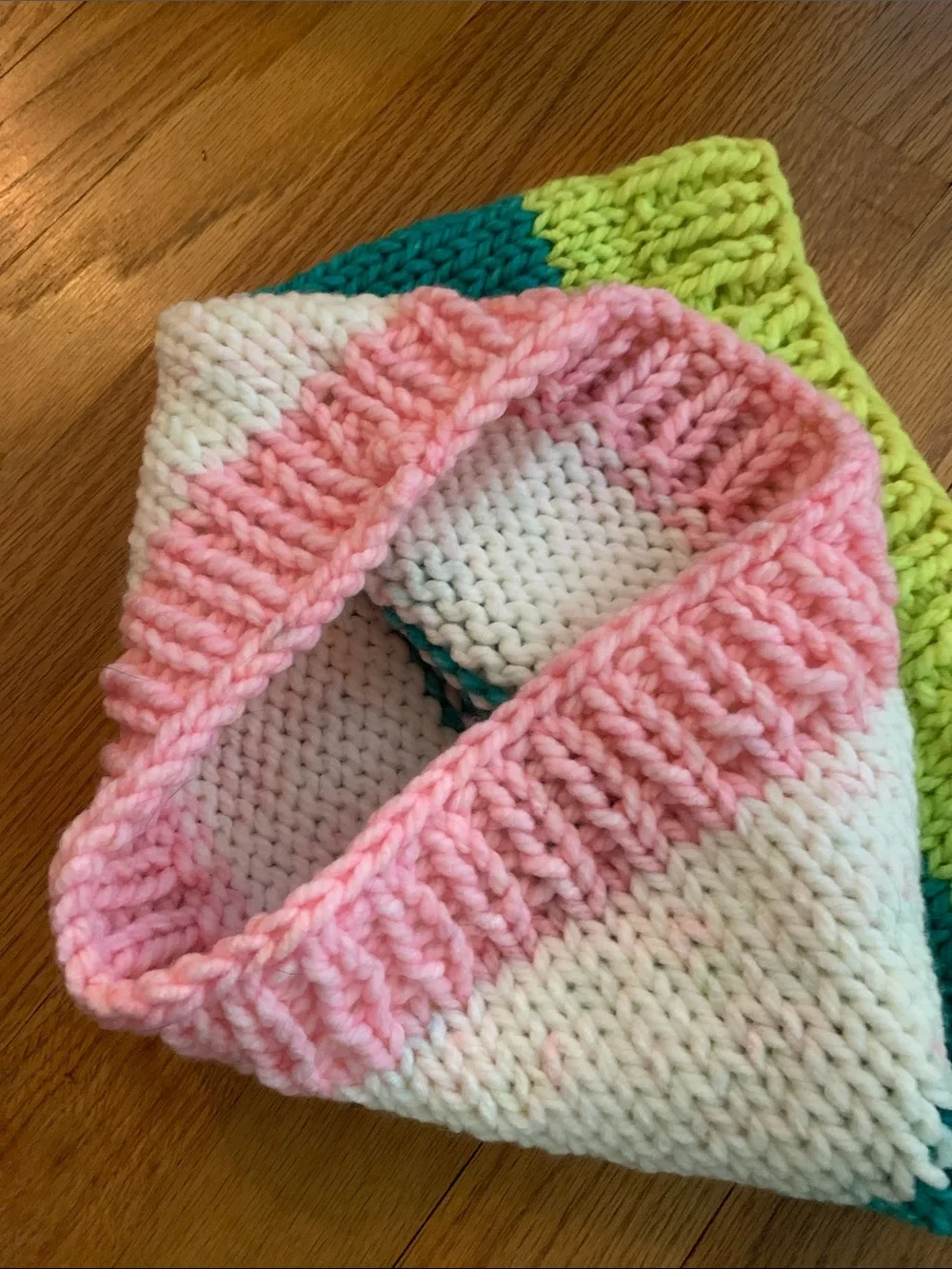 Striped Hand Knit Neck Warmer - Pink, White, Teal & Lime